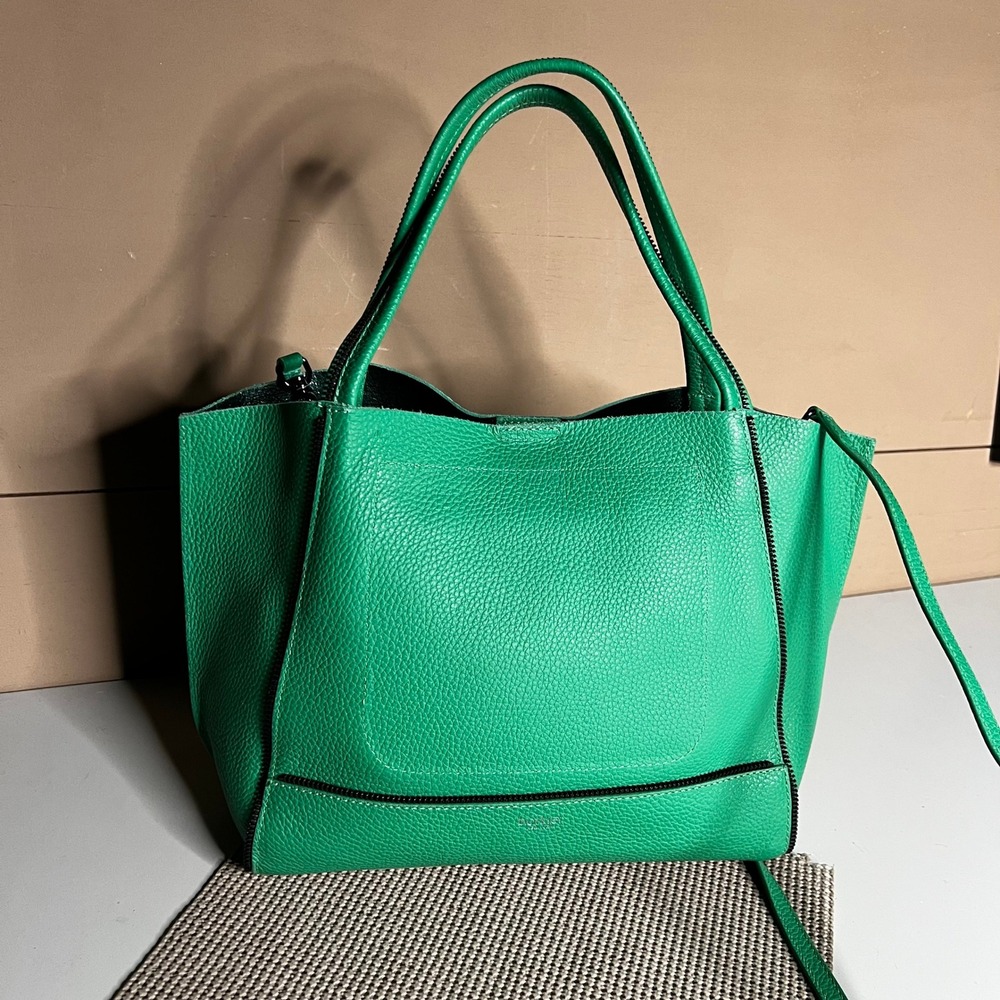 Botkier New York Green Pebbled Leather Tote Bag Zipper Trim Crossbody Purse